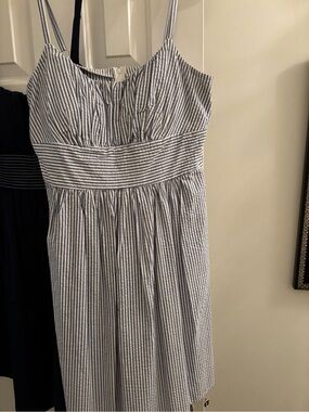 B. Smart Blue and White Striped Spaghetti-Strap Midi Dress